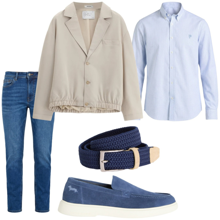 Outfit uomo - Passeggiata glam. Stile Trendy per Tutti i giorni. Abbinamento con giacche, scarpe stringate, cinture, camicie, jeans.