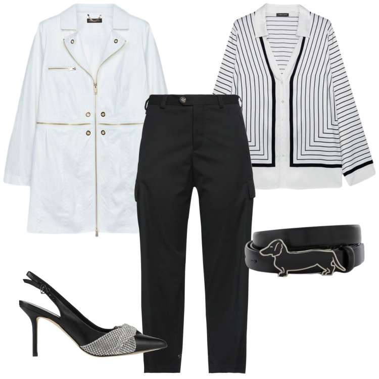 Outfit donna - Black and white. Stile Chic per Serata fuori. Abbinamento con décolleté, pantaloni cargo, cinture, camicie, cappotti.