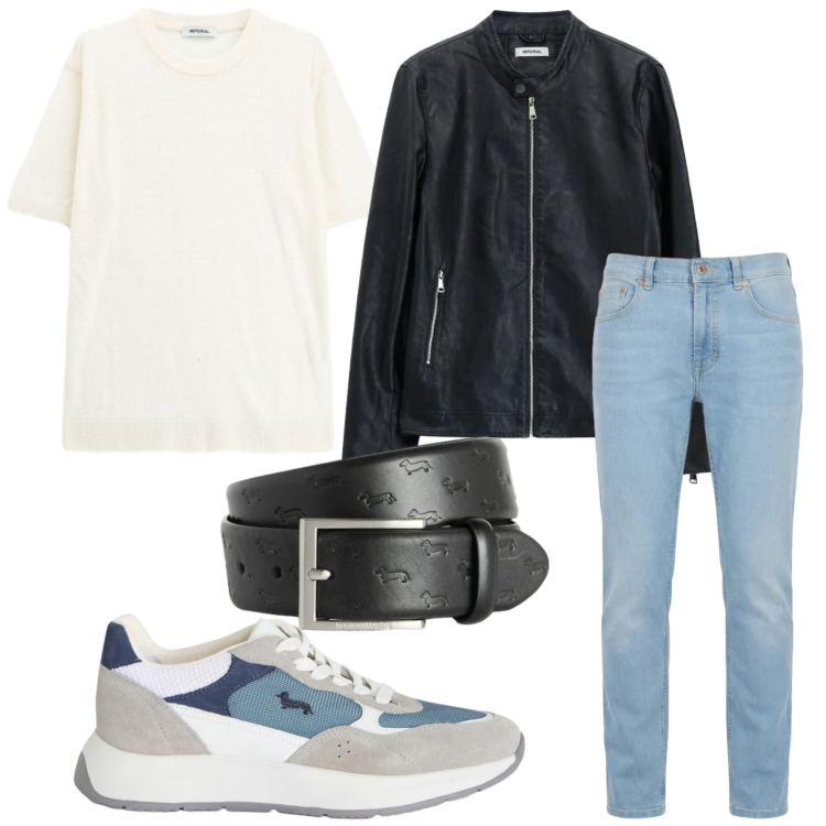 Outfit uomo - Trendy. Stile Trendy per Serata speciale. Abbinamento con giacche, t-shirt, sneakers, cinture, jeans.