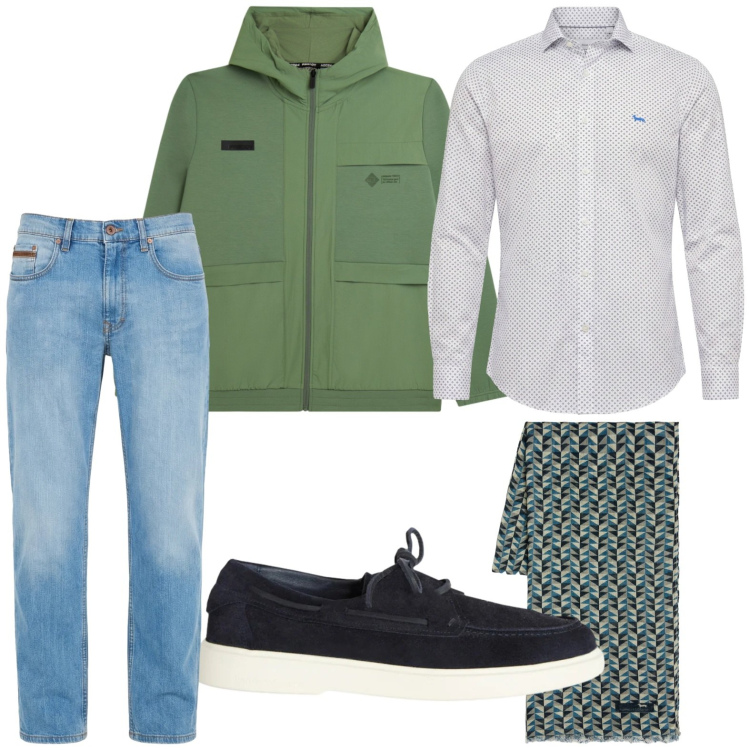 Outfit uomo - Easy. Stile Urban per Tutti i giorni. Abbinamento con jeans, scarpe stringate, camicie, sciarpe, felpe con cappuccio.