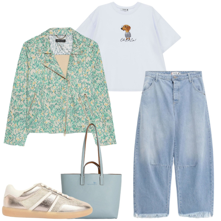 Outfit donna - Denim chiaro. Stile Casual per Scuola/Università. Abbinamento con sneakers, blazer, t-shirt, jeans, shopping bag.