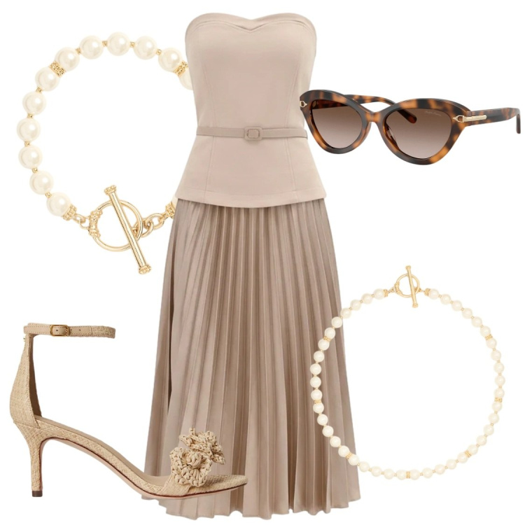 Outfit donna - Sinfonia Plissé e Perle. Stile Bon Ton per Cerimonia. Abbinamento con vestiti midi/longuette, occhiali da sole, collane, sandali in pelle, braccialetti.