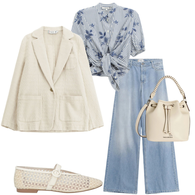 Outfit donna - Denim chiaro in primavera. Stile Casual chic per Tutti i giorni. Abbinamento con ballerine, jeans, blazer, camicie a manica corta, borse a secchiello.