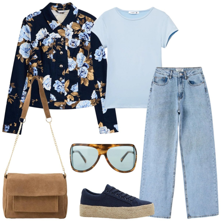 Outfit donna - Romantica in jeans. Stile Romantica per Tutti i giorni. Abbinamento con blazer, sneakers, borse a tracolla, jeans, t-shirt, occhiali da sole.