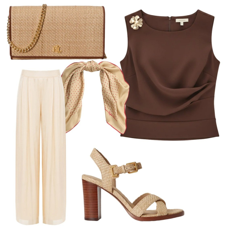 Outfit donna - ​Riflessi di Terra e Sabbia. Stile Bon Ton per Cerimonia. Abbinamento con top, pantaloni a palazzo, foulard, borse a tracolla, sandali col tacco.
