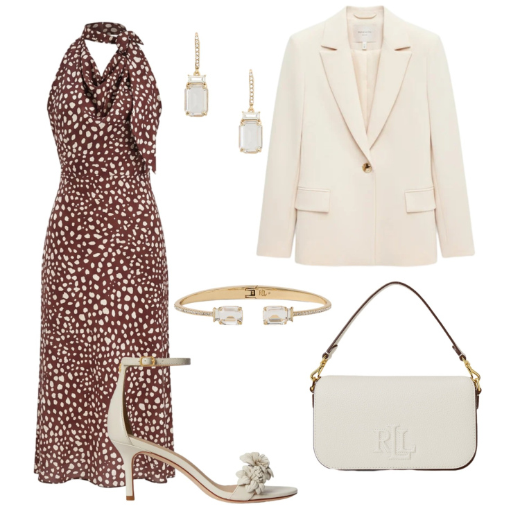 Outfit donna - Cerimonia ad aprile. Stile Chic per Cerimonia. Abbinamento con vestiti midi/longuette, blazer, orecchini, braccialetti, borse a spalla, sandali in pelle.