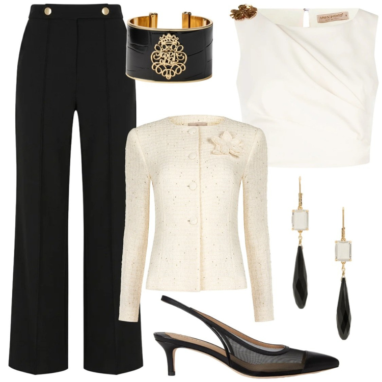 Outfit donna - Nuance di Tweed e Onice. Stile Bon Ton per Ufficio. Abbinamento con top, pantaloni, blazer, orecchini, braccialetti, décolleté.