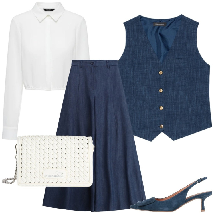 Outfit donna - ​Denim Couture e Purezza Bianca. Stile Chic per Ufficio. Abbinamento con décolleté, pantaloni a palazzo, camicie, gilet, borse a tracolla.