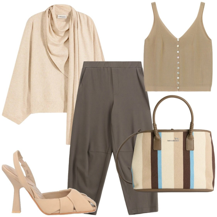 Outfit donna - Sabbia e Nuvole d\'Aprile. Stile Casual chic per Ufficio. Abbinamento con décolleté, maglieria, top, pantaloni a palazzo, shopping bag.
