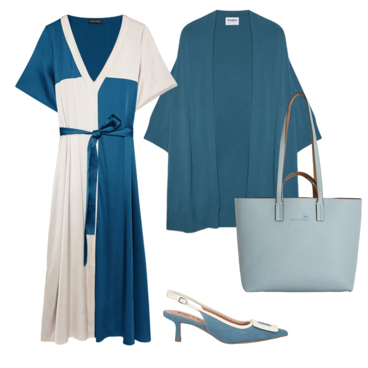 Outfit donna - Total look #2387790. Stile Casual chic per Ufficio. Abbinamento con décolleté, cardigans, vestiti midi/longuette, shopping bag.