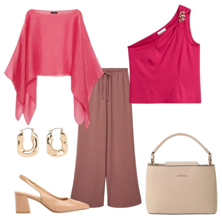 Outfit donna - Total look #2387792. Stile Casual chic per Tutti i giorni. Abbinamento con décolleté, top, orecchini, pantaloni, borse a secchiello, blazer.
