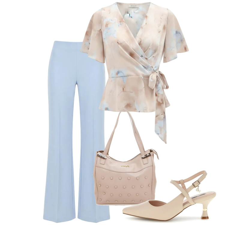 Outfit donna - Rinascimento Spring Elegance. Stile Chic per Cerimonia. Abbinamento con bluse, pantaloni a palazzo, shopping bag, décolleté.