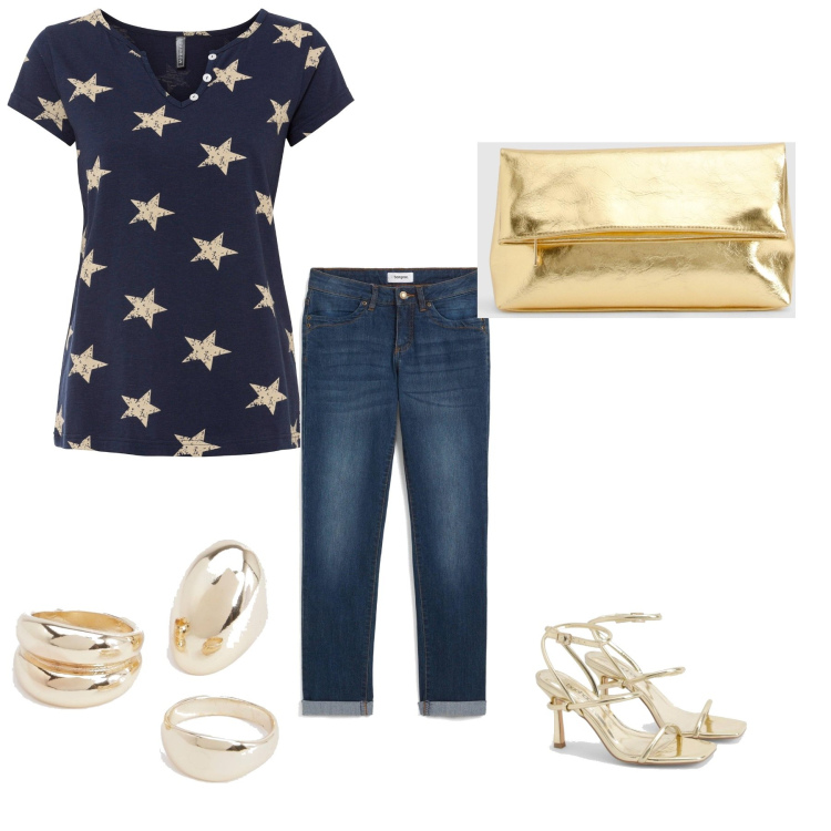 Outfit femme - Soirée en jean. Style Rock pour Soirée dehors. Assortir avec t-shirts, jean coupe droite, chaussures à talon, pochette, bagues.