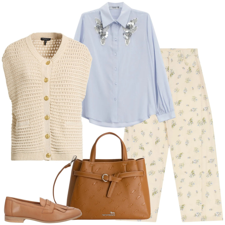 Outfit donna - Metti i fiori nei pantaloni. Stile Casual per Scuola/Università. Abbinamento con cardigans, mocassini, pantaloni a palazzo, camicie, borse a mano.