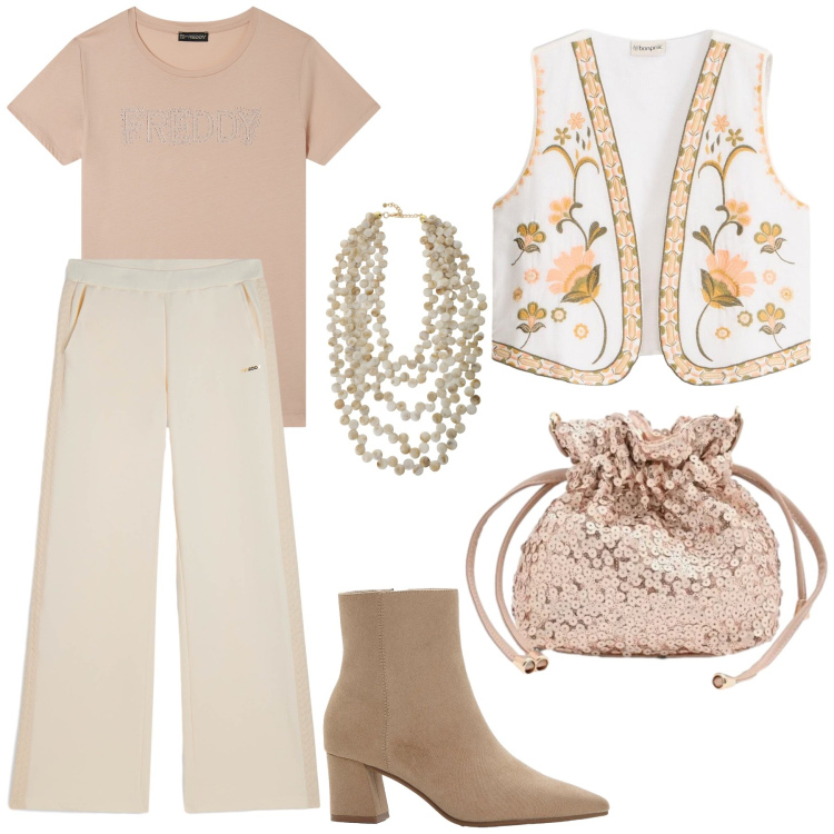 Outfit donna - Eccentrica. Stile Mannish per Tutti i giorni. Abbinamento con gilet, stivaletti, collane, pochette, t-shirt, pantaloni.