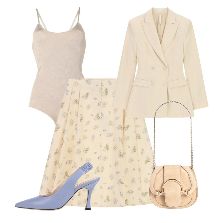 Outfit donna - La leggerezza della primavera. Stile Romantica per Cerimonia. Abbinamento con marsupi, décolleté, body, blazer, gonne longuette.