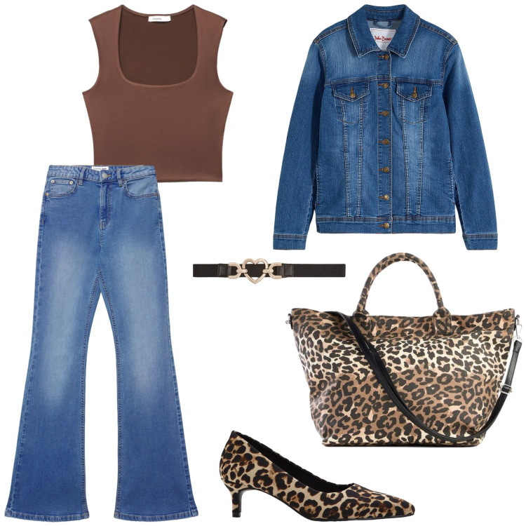 Outfit donna - Animalier. Stile Rock per Tutti i giorni. Abbinamento con blazer, décolleté, shopping bag, cinture, canottiere, jeans a zampa.