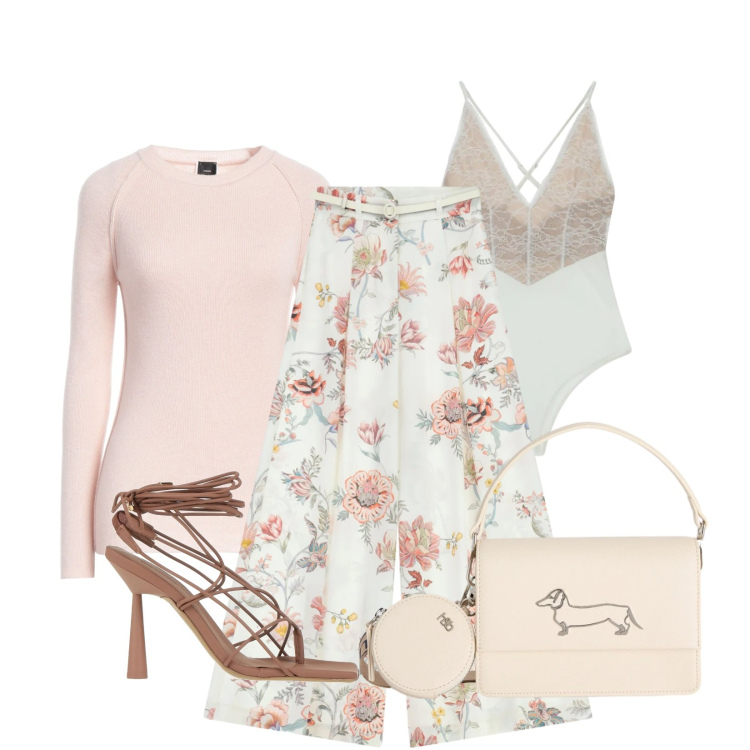 Outfit donna - Fiorì. Stile Romantica per Tutti i giorni. Abbinamento con ciabatte, pullovers, pantaloni a palazzo, body, borse a tracolla.