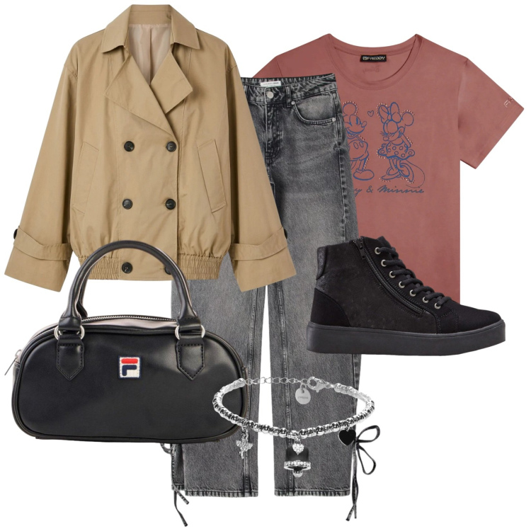 Outfit donna - Minnie mouse. Stile Casual per Tutti i giorni. Abbinamento con sneakers alte, borse a tracolla, trench, jeans, braccialetti, t-shirt.