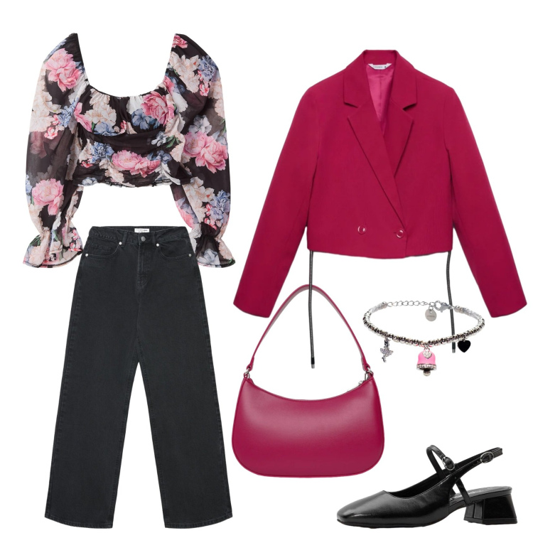Outfit donna - Fucsia time. Stile Casual chic per Tutti i giorni. Abbinamento con décolleté, bluse, blazer, borse a tracolla, jeans, braccialetti.