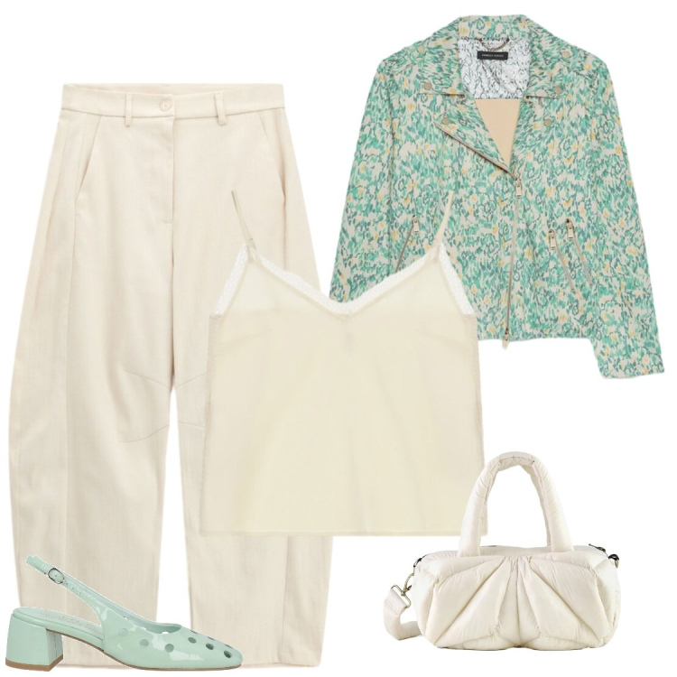 Outfit donna - Eleganza Ballon e Soffi di Menta. Stile Casual chic per Ufficio. Abbinamento con décolleté, blazer, pantaloni, canottiere, borse a mano.