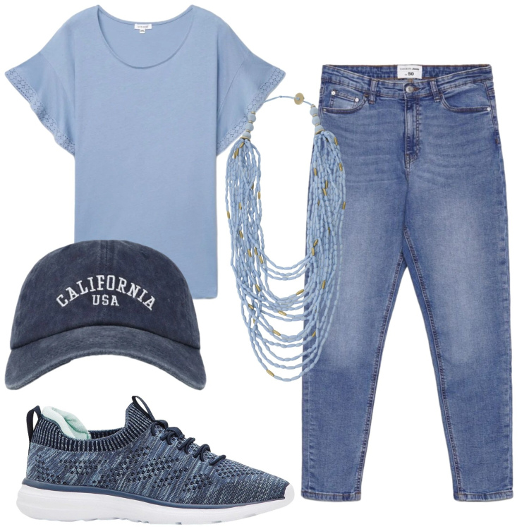 Outfit donna - Total look #2387816. Stile Casual per Tutti i giorni. Abbinamento con sneakers, t-shirt, cappelli con visiera, jeans skinny, collane.