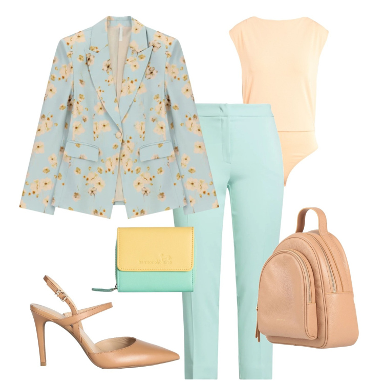 Outfit donna - Blazer stampa floreale. Stile Chic per Cerimonia. Abbinamento con pantaloni, décolleté, body, zaini, blazer, portafogli.