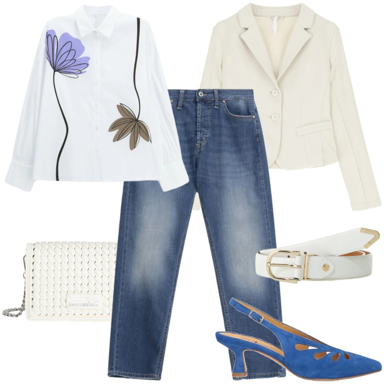 Outfit donna - Les fleurs sont belles. Stile Casual chic per Cerimonia. Abbinamento con décolleté, blazer, camicie, cinture, jeans dritti, borse a tracolla.