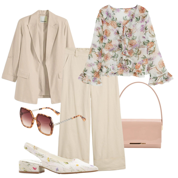 Outfit donna - Fiori delicati - @lulyna17. Stile Bon Ton per Tutti i giorni. Abbinamento con bluse, occhiali da sole, blazer, pantaloni chino, décolleté, pochette.