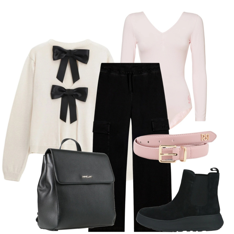 Outfit donna - Total look #2387820. Stile Casual chic per Serata fuori. Abbinamento con stivaletti chelsea, zaini, maglieria, body, pantaloni cargo, cinture.