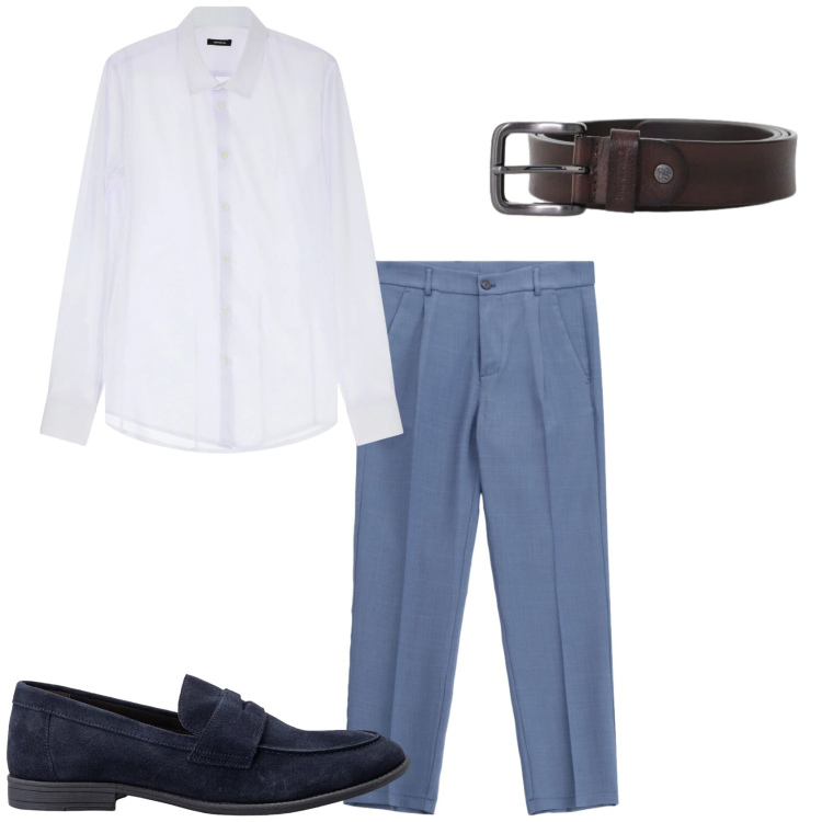 Outfit uomo - Una giornata meravigliosa. Stile Trendy per Tutti i giorni. Abbinamento con camicie, pantaloni, cinture, scarpe stringate.