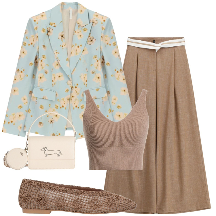 Outfit donna - Blazer a fiori. Stile Glamour per Tutti i giorni. Abbinamento con top, ballerine, pantaloni a palazzo, blazer, borse a tracolla.
