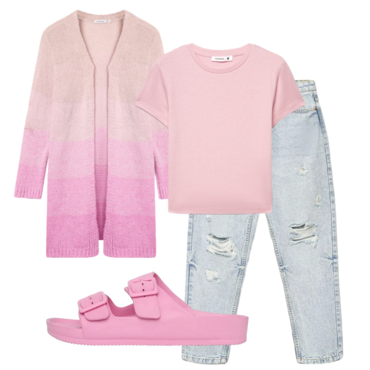 Outfit donna - Total look #2387825. Stile Basic per Tutti i giorni. Abbinamento con cardigans, jeans mom, ciabatte, t-shirt.