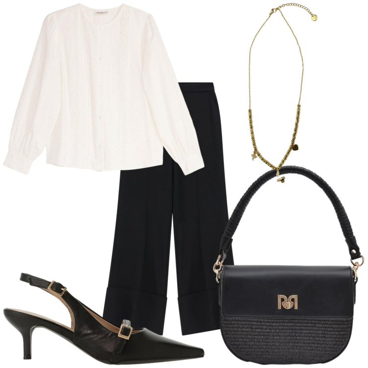 Outfit donna - La giornata comoda. Stile Casual chic per Tutti i giorni. Abbinamento con camicie, sandali col tacco, pantaloni a palazzo, borse a spalla, ciondoli.