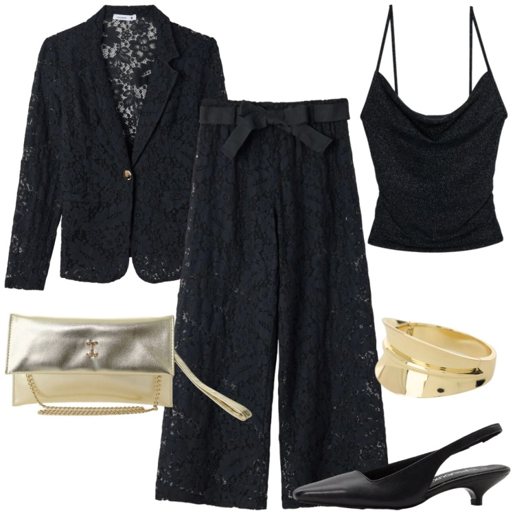 Outfit donna - Total look #2387829. Stile Glamour per Serata fuori. Abbinamento con décolleté, pantaloni, top, blazer, borse a tracolla, braccialetti.