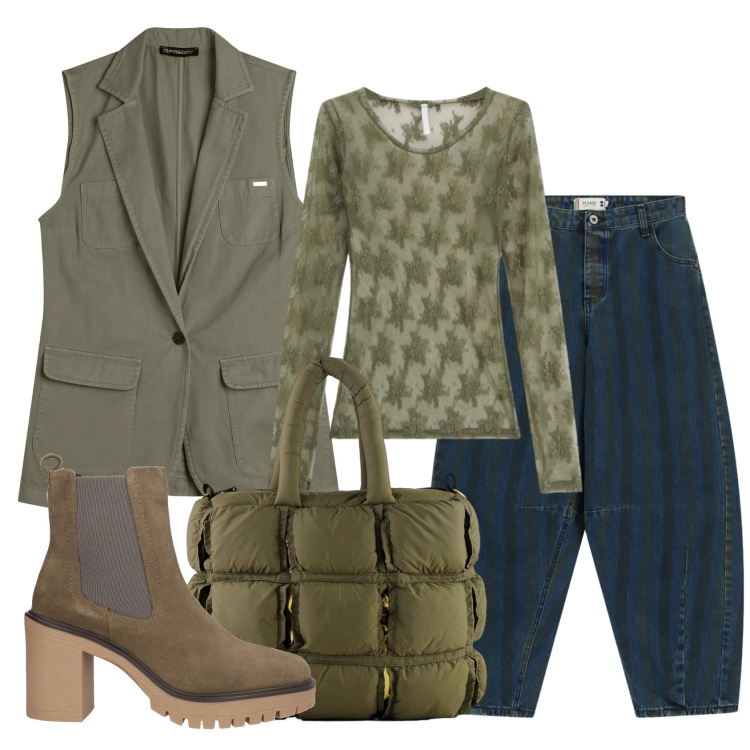 Outfit donna - Total look #2387830. Stile Urban per Ufficio. Abbinamento con stivaletti chelsea, jeans, bluse, gilet, borse a mano.