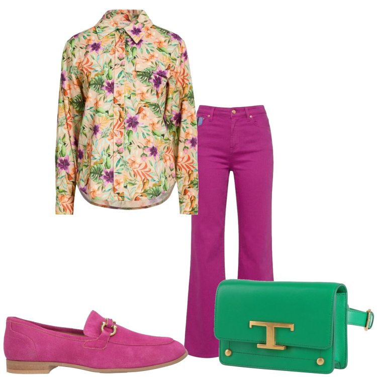 Outfit donna - Il calore non manca. Stile Trendy per Tutti i giorni. Abbinamento con mocassini, camicie, marsupi, pantaloni.