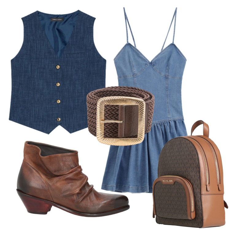 Outfit donna - Total look #2387834. Stile Trendy per Tutti i giorni. Abbinamento con stivaletti texani, zaini, cinture, gilet, vestiti corti.