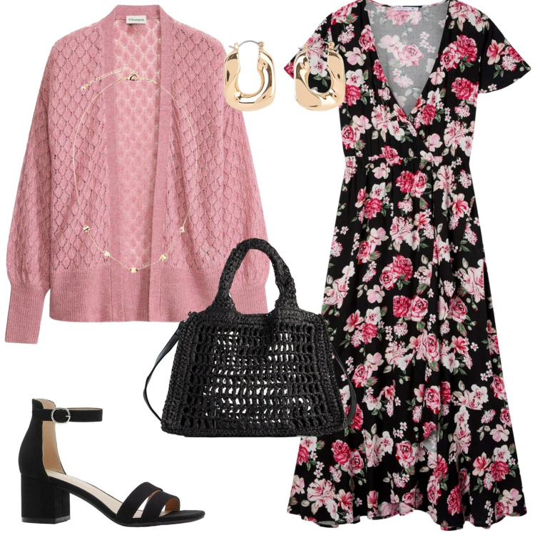Outfit donna - Fiori di primavera. Stile Chic per Tutti i giorni. Abbinamento con cardigans, borse a tracolla, sandali col tacco, orecchini, collane, vestiti lunghi.