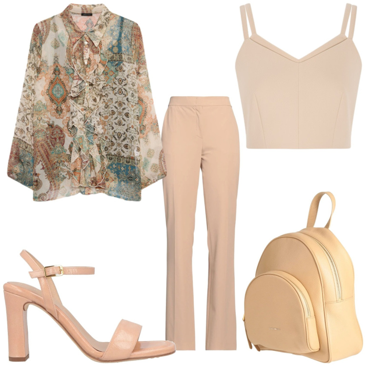 Outfit donna - Sempre in movimento. Stile Glamour per Tutti i giorni. Abbinamento con zaini, sandali in pelle, pantaloni, top, camicie.