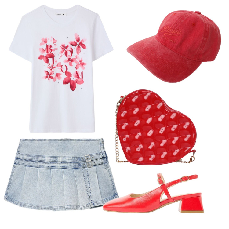 Outfit donna - Un cuore rosso. Stile Basic per Scuola/Università. Abbinamento con décolleté, borse a tracolla, t-shirt, gonne, cappelli.