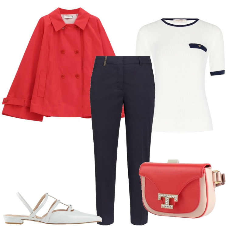 Outfit donna - Il Protagonista Rosso Corallo. Stile Bon Ton per Ufficio. Abbinamento con marsupi, pantaloni, ballerine, giacche, t-shirt.