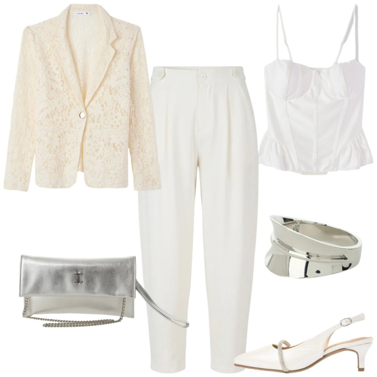 Outfit donna - Total look #2387839. Stile Chic per Cerimonia. Abbinamento con décolleté, borse a tracolla, braccialetti, top, blazer, pantaloni.