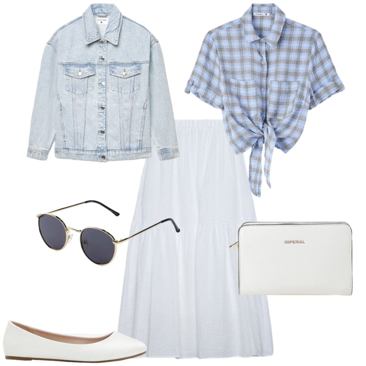 Outfit donna - Casual chic ogni giorno. Stile Casual chic per Tutti i giorni. Abbinamento con ballerine, occhiali da sole, cappotti, camicie a manica corta, gonne lunghe, borse a tracolla.