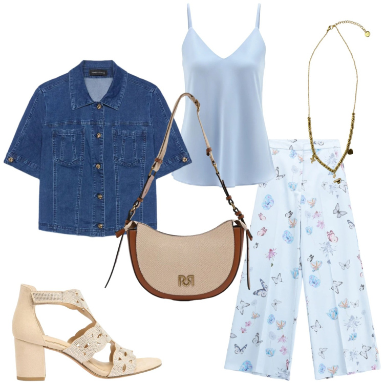 Outfit donna - Il casual chic. Stile Casual chic per Serata fuori. Abbinamento con sandali col tacco, cappotti, pantaloni a palazzo, borse a tracolla, top, ciondoli.