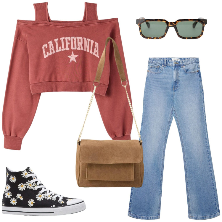 Outfit donna - Denim di primavera. Stile Casual per Tutti i giorni. Abbinamento con sneakers, borse a tracolla, felpe, jeans bootcut, occhiali da sole.