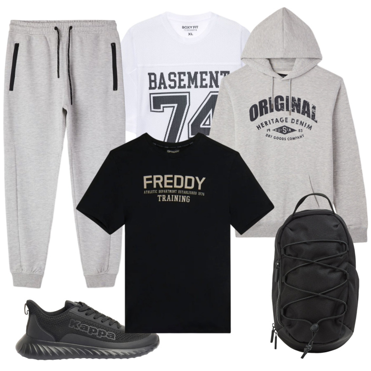 Outfit uomo - Oggi sport. Stile Casual per Sport. Abbinamento con sneakers, t-shirt sportive, felpe con cappuccio, pantaloni, borse sportive, t-shirt.