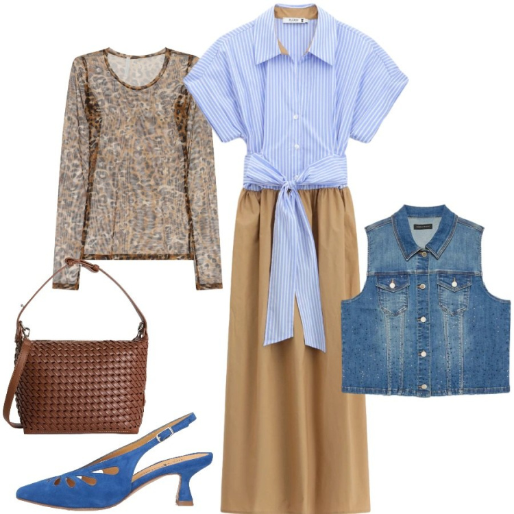 Outfit donna - Total look #2387851. Stile Casual chic per Tutti i giorni. Abbinamento con décolleté, t-shirt, gilet, vestiti midi/longuette, borse a spalla.
