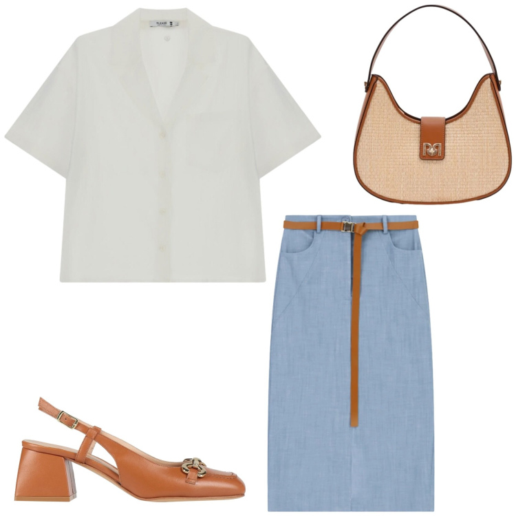 Outfit donna - Denim chiaro di primavera. Stile Casual chic per Tutti i giorni. Abbinamento con décolleté, camicie a manica corta, gonne longuette, borse a spalla.