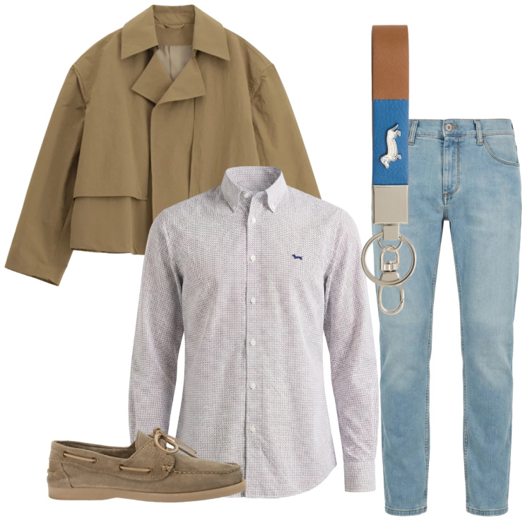 Outfit uomo - Primavera in arrivo. Stile Casual per Ufficio. Abbinamento con cappotti, jeans slim fit, portachiavi, camicie, scarpe stringate.